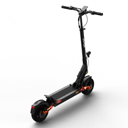 Rear-left view of the Buffseek T10 electric scooter with rear fender and suspension arms