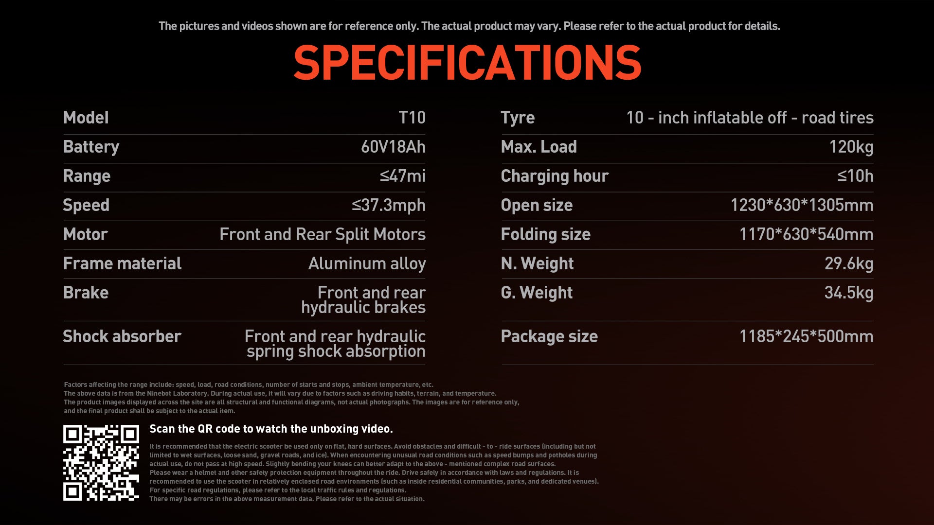 Buffseek T10 electric scooter specifications including motor power, battery, speed, range, brakes, tires, and dimensions